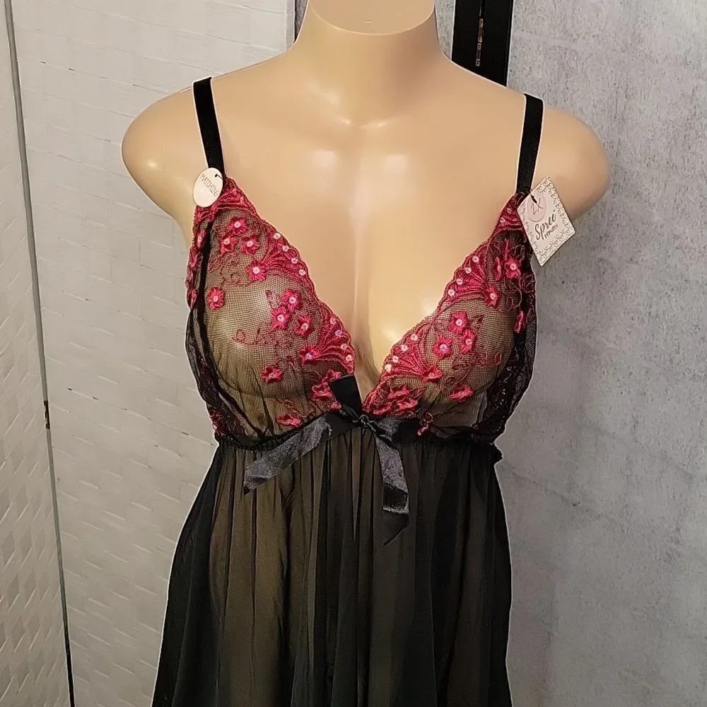 BRAND NEW SPREE INTIMATES BABYDOLL LINGERIE WOMEN WIDE STRAP HALTER NIG…